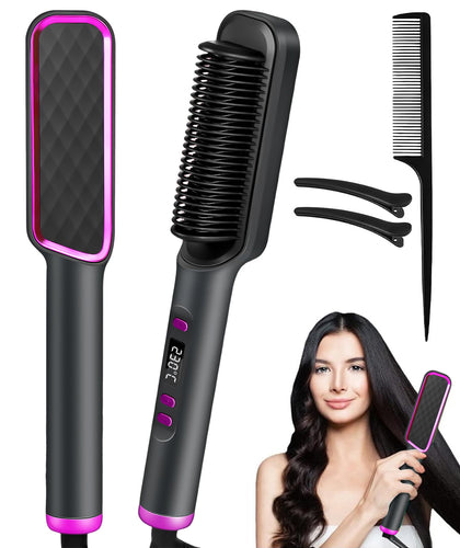 ECVV Hair Straightener Brush, Ionic Hair Straightening Comb for Women, 20s Fast Heat & Temp Set (80-230°C), LED Display/Anti-Scald, Salon Styling at Home
