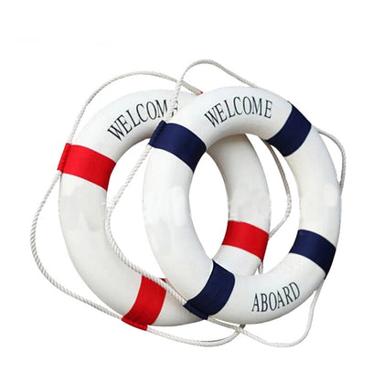 Lifebuoy Swim Foam Ring Buoy Swimming Pool Safety Life Preserver with Perimeter Rope Blue And White
