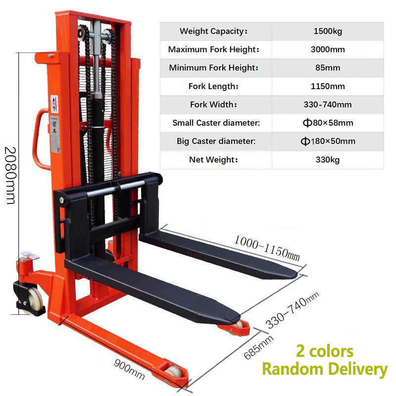 Manual Stacker 1500kg Load Capacity Forklift 3M Manual Hydraulic StackerLift Forklift Loading And Unloading Lifting Stacking Truck Heavy Load 1.5 Ton 3m