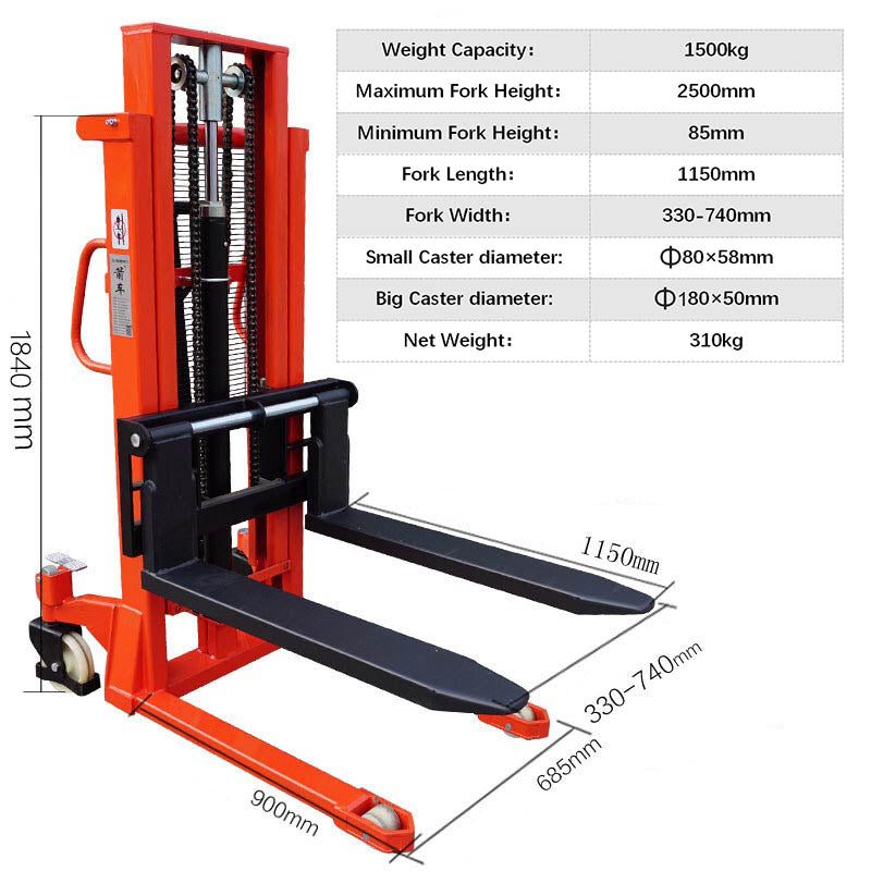 Manual Stacker 1500kg Load Capacity Forklift 2.5M Manual Hydraulic StackerLift Forklift Loading And Unloading Lifting Stacking Truck Heavy Load 1.5 Ton
