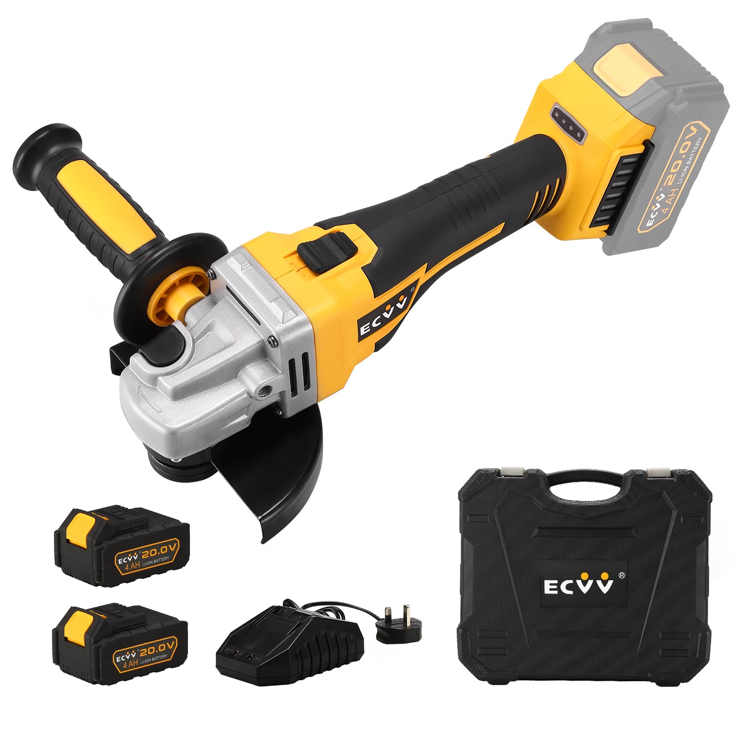 ECVV 20V Cordless Angle Grinder,115/125mm 800W Power Grinder, Fast Charger, 9000RPM Brushless Motor, 2-Position Adjustable Auxiliary Handle