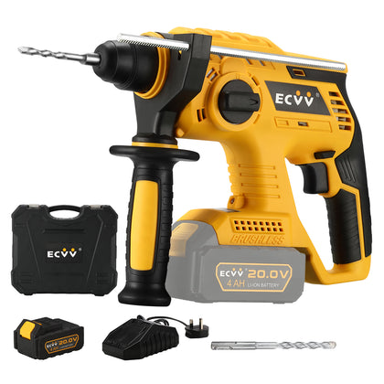 ECVV Rotary Hammer Brushless Cordless Hammer Drill Kit Heavy Duty SDS-Plus 20 Volt with 4 Operation Modes, Safety Clutch, 360°Rotating Auxiliary Handle for Concrete, Metal & Wood Drilling