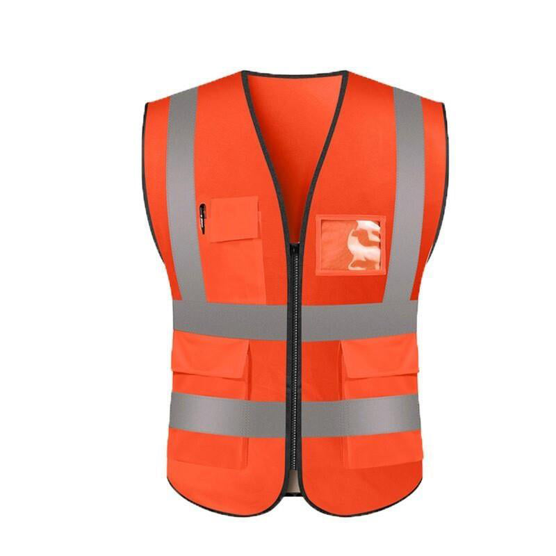 10 Pieces High Visibility Zipper Front Safety Vest With Reflective Strips Safety Reflective Vest with Pockets- Fluorescent Orange