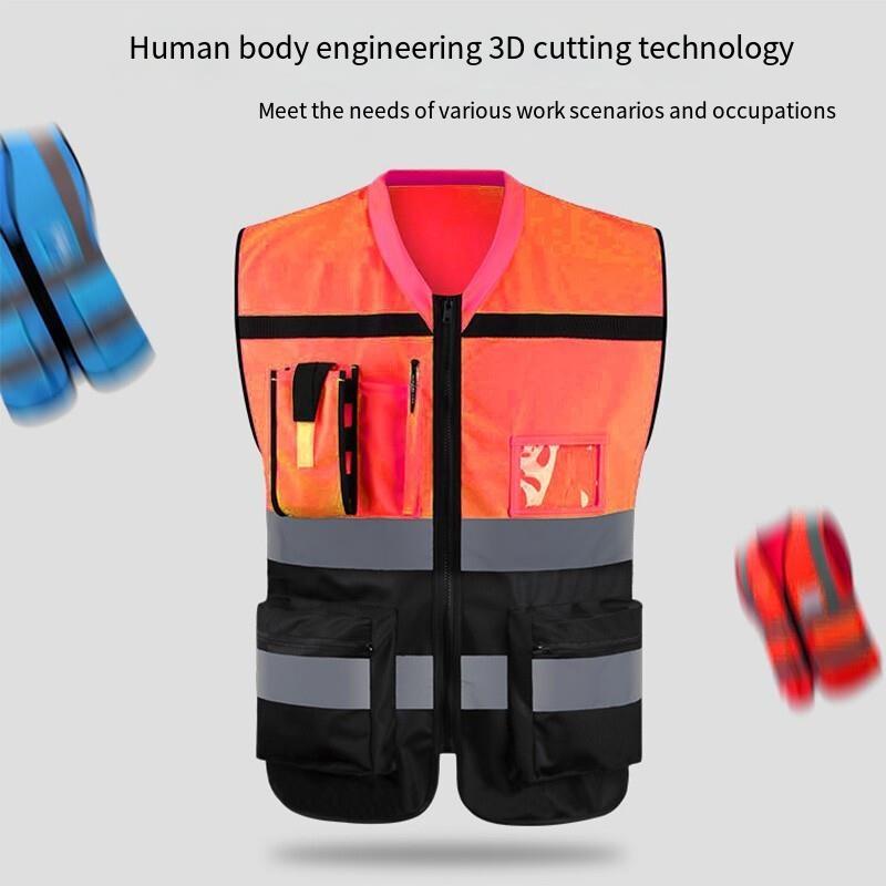 Safety Vests High Visibility Multi Pocket Reflective Vest with Zipper Safety Warning Vest 4 Reflective Strips - Fluorescent Orange+ Black