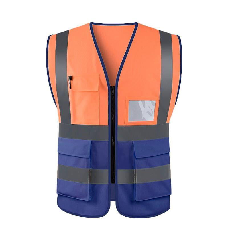 6 Pieces High Visibility Zipper Multi Pocket Reflective Vest Safety Warning Vest 4 Reflective Strips - Fluorescent Orange + Blue