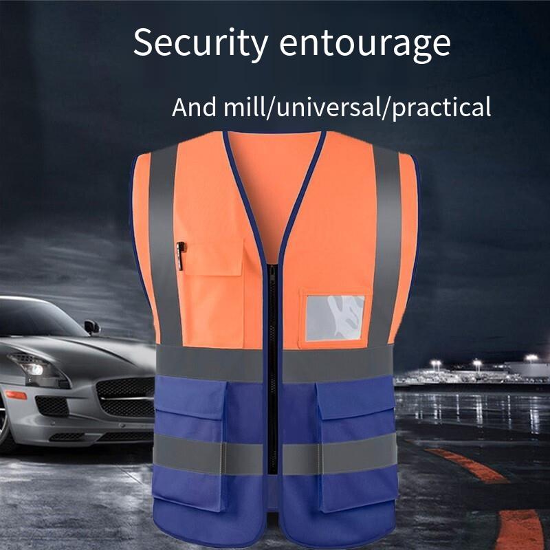 6 Pieces High Visibility Zipper Multi Pocket Reflective Vest Safety Warning Vest 4 Reflective Strips - Fluorescent Orange + Blue