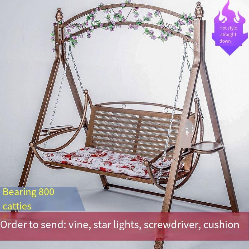 Double Iron Rocking Chair Swing Hammock Reclining Chair Balcony Courtyard Hanging Basket + Rattan + 2 Cushions + Colored Lights + Tools