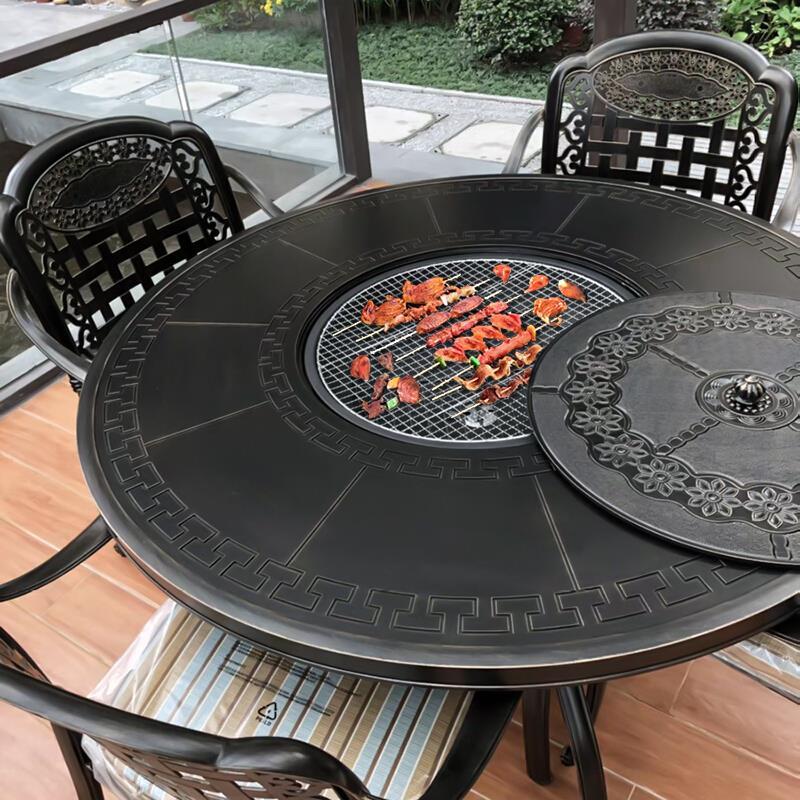 Outdoor Barbecue Table And Chair Combination Courtyard Terrace Garden European Iron Furniture 4 PVC Bordeaux Chairs + 120cm Carved Carbon Baking Table