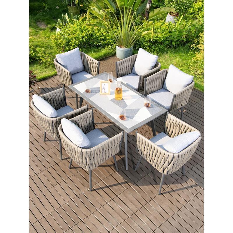 Nordic Outdoor Table And Chair Combination Waterproof Sunscreen Balcony Courtyard Chair 4 Chair + 90cm Striped Rock Board Round Table