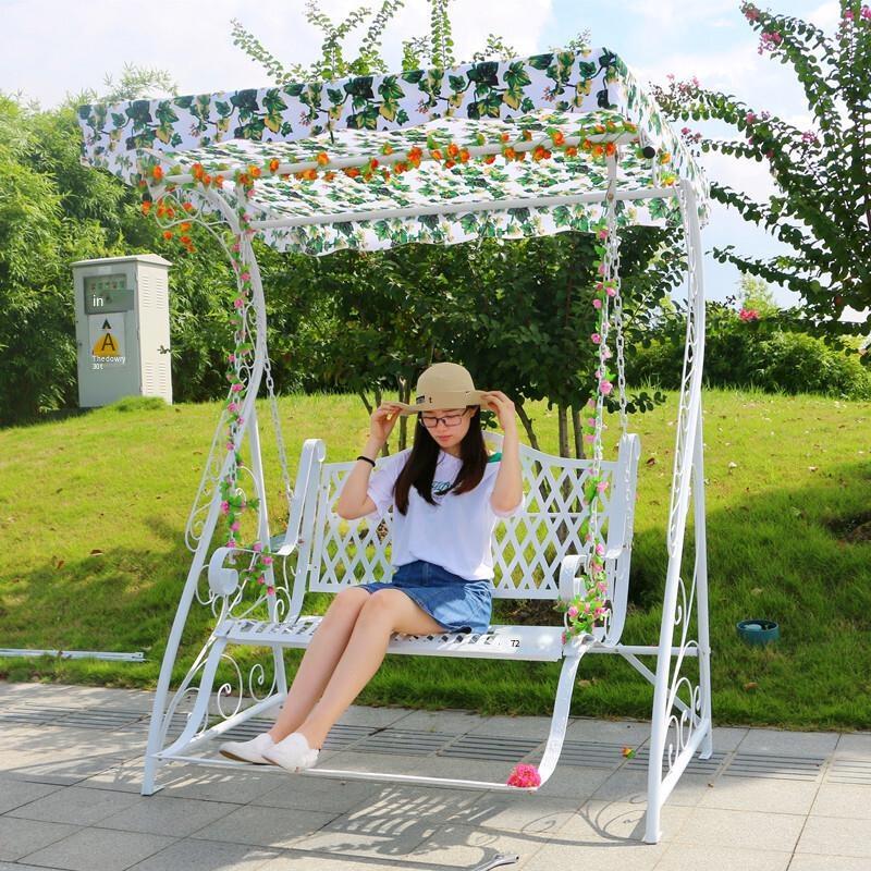Outdoor Indoor Hanging Basket Iron Rocking Chair White Double Swing Hanging Chair White Lattice + Pedal + Awning With Chain