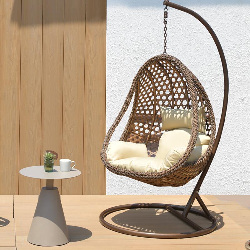 Hanging Basket Rattan Chair Rocking Chair Swing Family Hammock Indoor Balcony Drop Hanging Basket Brown + Tea Table + Chair Thickened And Enlarged Suspender