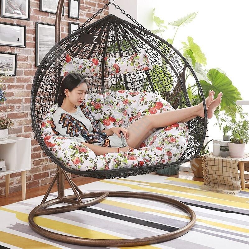 Hanging Basket Rattan Chair Swing Outdoor Household Bedroom Leisure Lazy Indoor Balcony Hammock Cradle Rocking Double White (with Armrest)