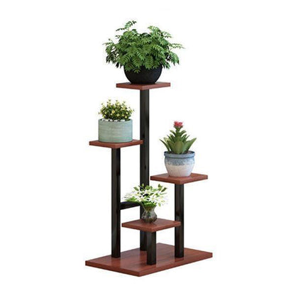 Balcony Living Room Floor Type Flower Rack Lvluo Pot Balcony Iron Decorative Lvluo Floor Type Indoor Multi-layer Steel Wood Shelf Baking Paint Black Rack + Teak Color