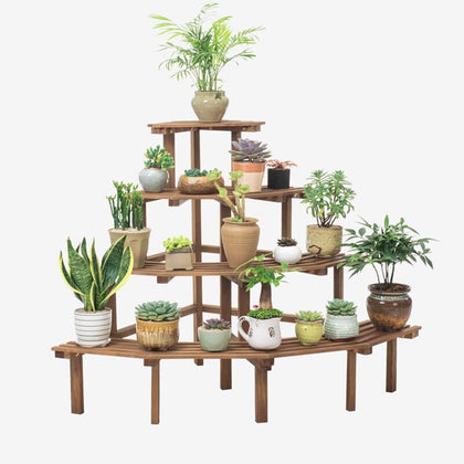 Solid Wood Corner Combined Flower Rack Multi Meat Multi-layer Ladder Floor Type Green Pineapple Balcony Wooden Flower Pot Shelf Storage Rack (4 Floors) Corner Retro - With Flower Shovel