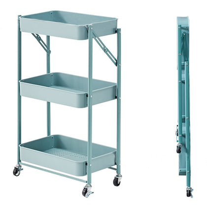 3 Tier Blue Utility Rolling Cart Foldable Metal Cart with Caster Wheels Rolling Multifunction Storage Cart with Locking Wheels for Bathroom Kitchen