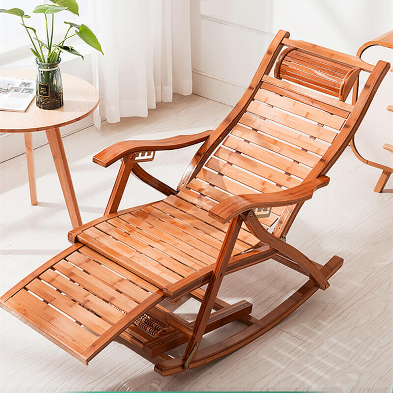 Bamboo Rocking Chair with Comfortable Cushions Folding Sun Lounger Outdoor Relaxer Zero Gravity Recliner Chair Adult Lazy Casual Wood Chair For Home