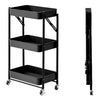 3 Tier Black Utility Rolling Cart Foldable Metal Cart with Caster Wheels Rolling Multifunction Storage Cart with Locking Wheels for Bathroom Kitchen