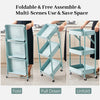 3 Tier Blue Utility Rolling Cart Foldable Metal Cart with Caster Wheels Rolling Multifunction Storage Cart with Locking Wheels for Bathroom Kitchen