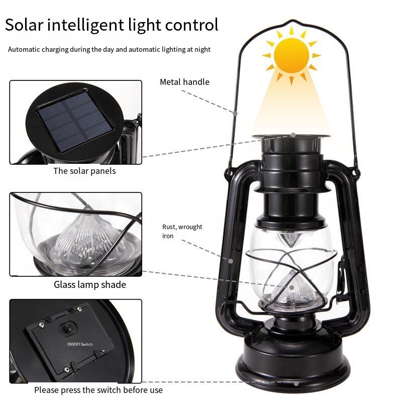 Solar Lamp Household Horse Lamp Retro Candle Portable Lamp Camping LED Chandelier Outdoor Camp Lamp Villa Waterproof Courtyard Lamp Black