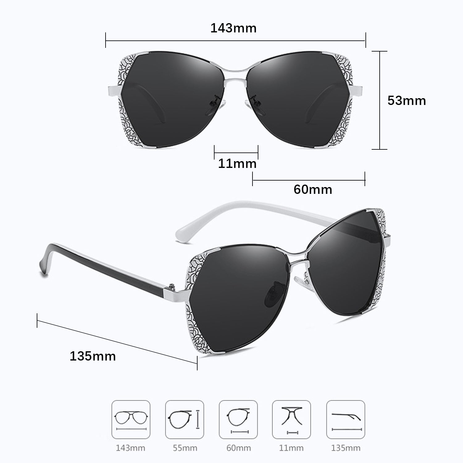NALANDA Black Women's Polarized Aviator Sunglasses with Carving Pattern UV400 HD Lens Metal PC Frame Glasses For Outdoor Travel Driving Daily Use