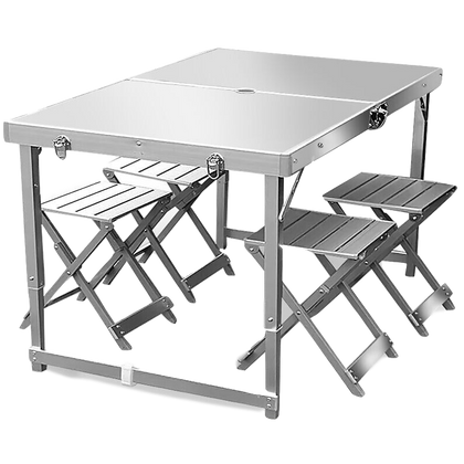 Outdoor Folding Tables Chairs Stools Portable Aluminum Alloy Barbecue Self Driving Travel Tables Umbrella Holes Tables And Chairs + 2.4m Blue Double Umbrella + Base