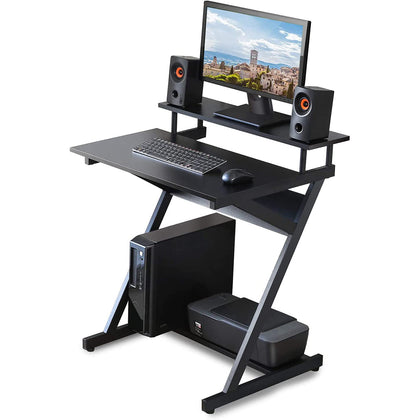 Computer Desk,Unique Z-Shaped Morden Style Desk For Small Space, Home Office Table with Monitor Shelf & Bottom Storage Shelves Gaming Writing Desk