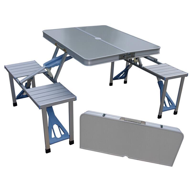 Outdoor Folding Table And Chair Set Portable Aluminum Alloy Conjoined Picnic Barbecue Stall Push Activity Exhibition Table Conjoined Table Folding Table Folding Table Household Blue Table And Chair + 2.4m Turning Blue Umbrella + Umbrella Seat