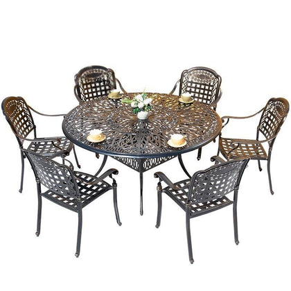 1 Table 6 Chairs Outdoor Furniture Balcony Table And Chair Long Table European Style Outdoor Large Round Table Combination Iron Cast Aluminum Table And Chair Set Garden Courtyard Outdoor Cafe Leisure Table And Chair
