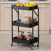 3 Tier Black Utility Rolling Cart Foldable Metal Cart with Caster Wheels Rolling Multifunction Storage Cart with Locking Wheels for Bathroom Kitchen