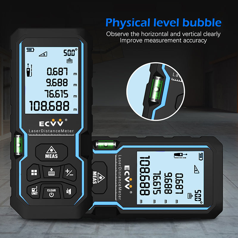 ECVV Laser Distance Measure Meter Range Finder Portable Digital Handle Tape M/in/Ft Unit Auto Height Area Volume Pythagorean Measure Tool with Bubble Level