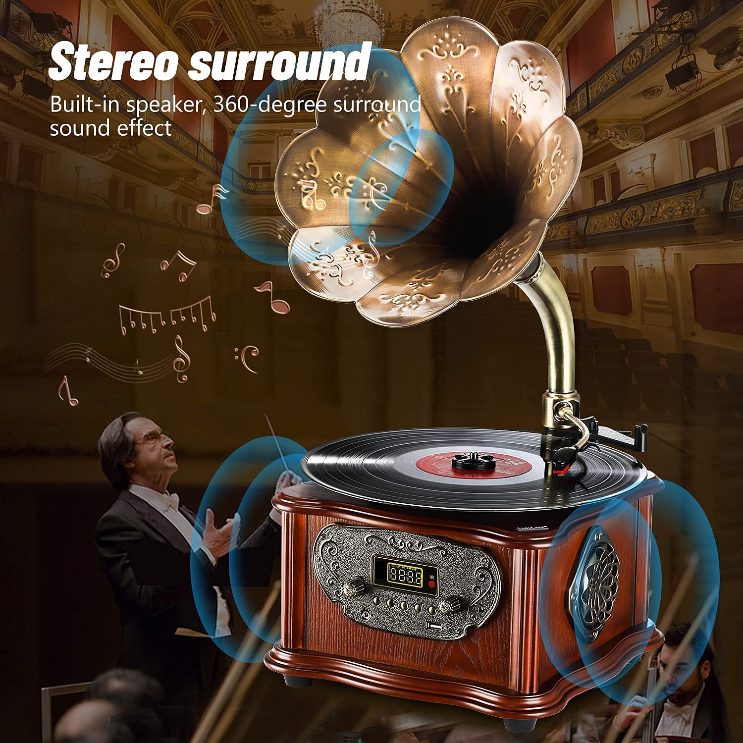 LuguLake Vinyl Record Player Retro Turntable All in One Vintage Phonograph Nostalgic Gramophone for LP