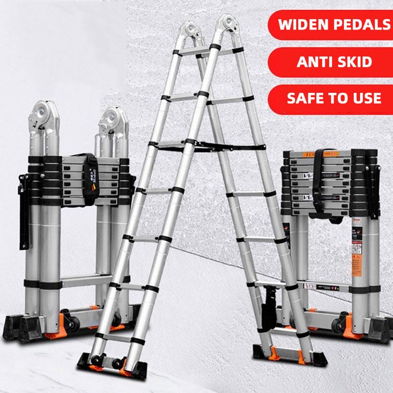 12.4 FT Aluminum Telescoping Ladder With Stabilizer Bar A-Frame/ Straight Multi-purpose Ladder For Home Garden 6 Steps Telescopic Collapsible Ladders