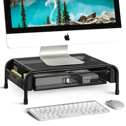 Monitor Stand Riser, Mesh Metal Printer Stand Holder with Pull Out Storage Drawer and Side Compartments Pockets for Computer Laptop iMac Pens Phones