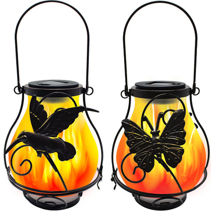 2 Pack Metal Solar Lanterns Flame Solar Lights Outdoor Hanging Decorative Lighting Solar Powered Waterproof LED Flame Umbrella Lamps for Patio, Garden, Deck, Yard Decorations